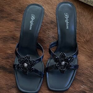 Brighton Black Beaded Floral Slip-On Mules
